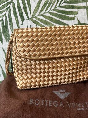 Bottega Veneta Intrecciato Woven Silk Satin Evening Shoulder Bag – Gold